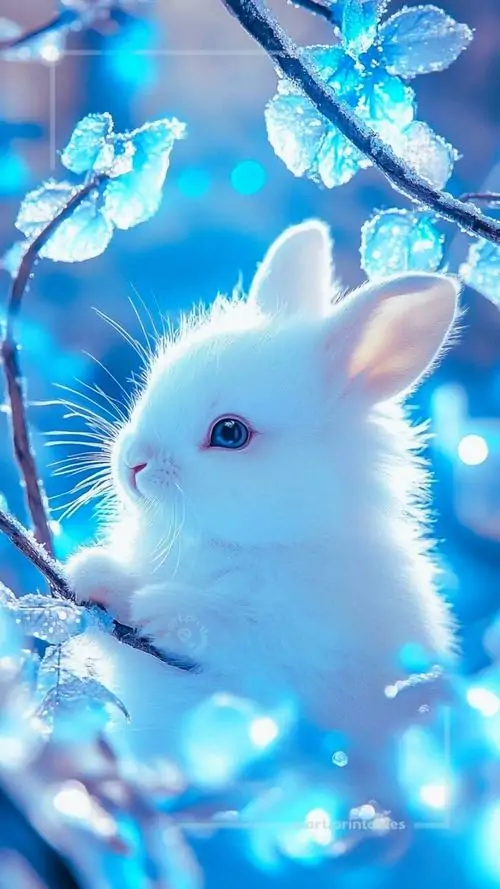 Hình nền cute gương mặt thỏ trắng xanh hiện lên giữa làn sáng lạnh và cánh bướm lam, hiệu ứng phát quang làm tổng thể trông như tranh 3D rất nổi trên màn hình