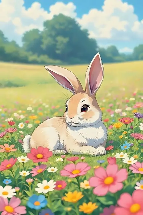 Chú thỏ nâu nằm giữa đồng hoa đủ màu dưới bầu trời trong veo, dáng nghỉ ngơi thảnh thơi khiến phông nền thỏ con này nhìn sáng, nhẹ và rất đẹp mắt