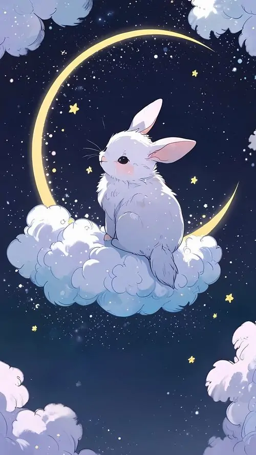 Ảnh nền pastel thỏ trắng ngồi trên vầng trăng lưỡi liềm giữa mây mềm và bầu trời đêm, khung ảnh 4K nhỏ xinh này hợp làm hình nền thỏ dễ thương cho máy dọc
