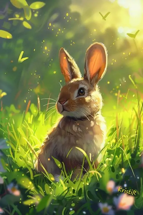 Một chú thỏ nâu đứng trong bãi cỏ ngập nắng, tai vươn cao và mắt nhìn nghiêng rất hiền, ảnh nền thỏ kiểu thiên nhiên này cho cảm giác trong trẻo, dễ chịu