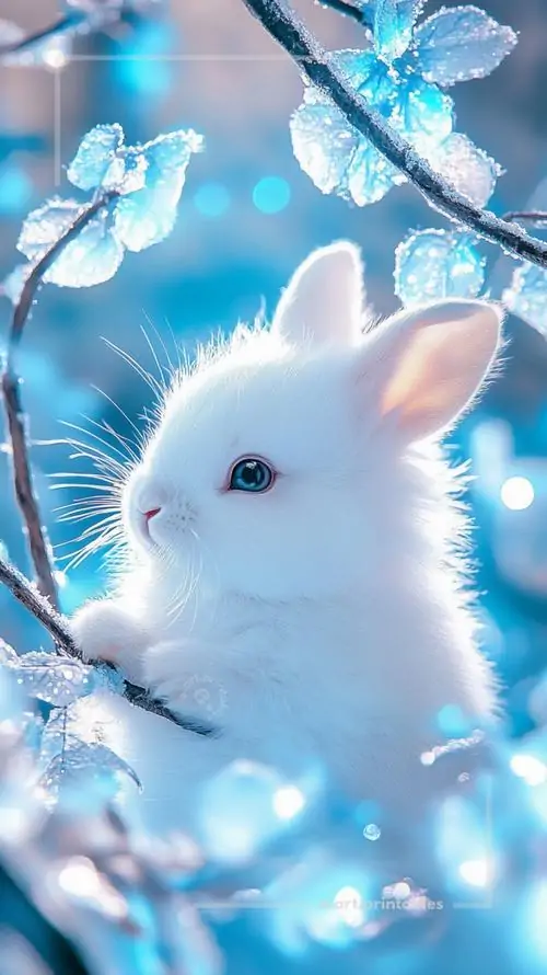 Phông nền điện thoại gương mặt thỏ trắng xanh nổi bật giữa những vệt sáng và cành cây mờ, tông lạnh làm bộ lông thêm trong, rất hợp kiểu ảnh nền loài tai dài