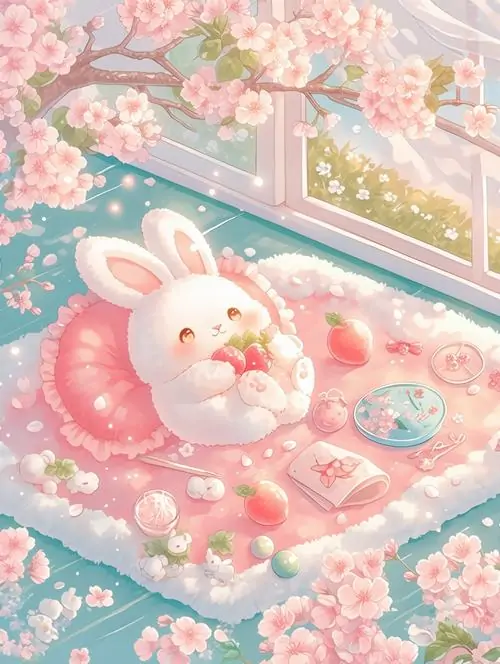 Bé thỏ hồng tròn xoe nằm trong bồn tắm phủ hoa và ren pastel, xung quanh là gối mềm cùng chi tiết bánh ngọt, ảnh wallpaper này lên máy nhìn cute và ngọt