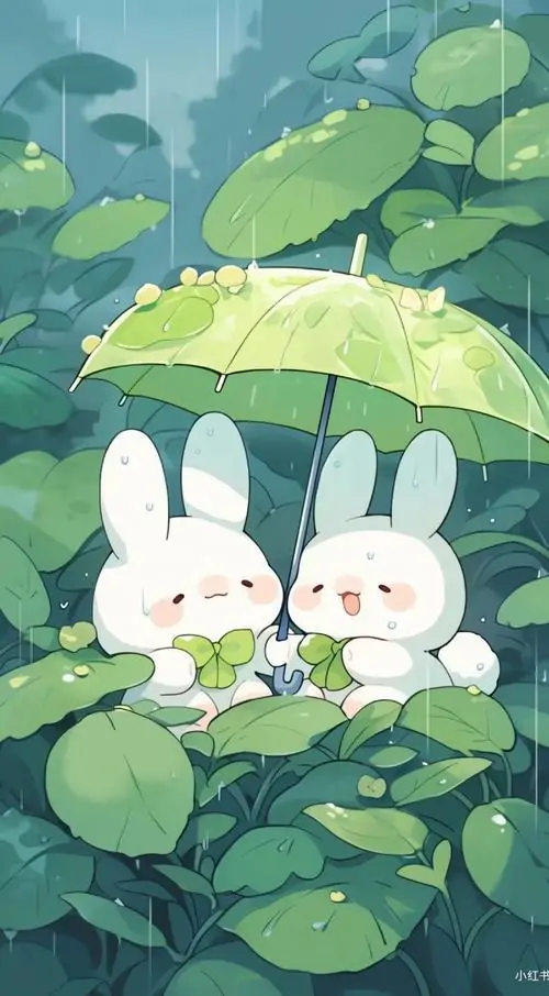 Ảnh nền xinh hai chú thỏ trắng ngồi nép dưới chiếc lá xanh như chiếc ô nhỏ, xung quanh là ao sen và lá tròn, phông nền thỏ con mang nét mát lành rất dễ thương