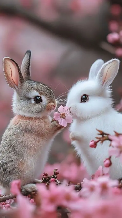 Hình nền Ultra HD hai chú thỏ áp mũi vào nhau giữa cành hoa hồng phấn, một bé trắng một bé nâu, góc chụp gần làm khoảnh khắc trông rất tình tứ