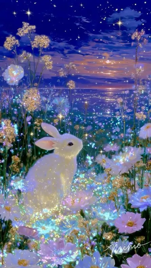 Ba chú thỏ trắng nép giữa thảm hoa tím dưới trời sao xanh biếc, ánh sáng lấp lánh phủ quanh thân tạo cảm giác mơ màng, kiểu ảnh nền thỏ rất hợp máy điện thoại
