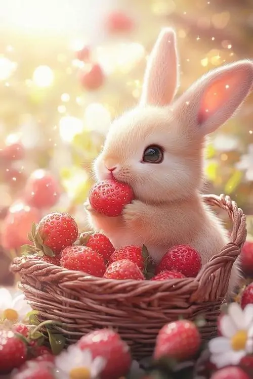 Ảnh nền nhẹ nhàng thỏ kem ngồi trong tổ rơm đầy dâu đỏ, ánh nắng mịn phủ quanh tai và má làm tổng thể trông mềm, hợp làm hình nền con thỏ HD