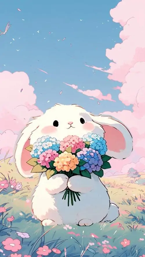 Nhân vật thỏ trắng bông xù ôm bó hoa xanh đứng dưới mây hồng, nền trời trong và sắc màu dịu khiến ảnh bìa này lên màn hình vừa xinh vừa rất dễ thương
