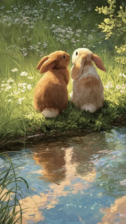 Ảnh nền hai chú thỏ nâu ngồi sát bên mép nước lúc chiều xuống, bóng phản chiếu hiện rõ dưới mặt ao yên, khung ảnh HD nhìn ấm và dịu mắt