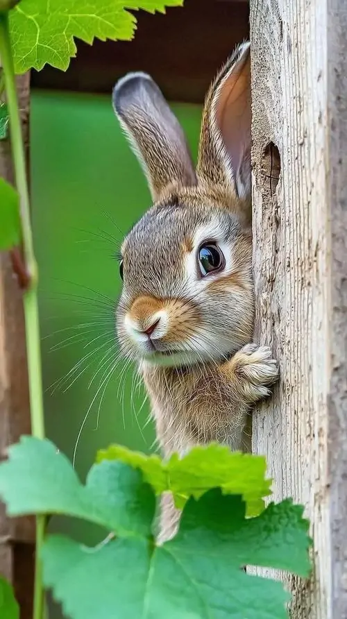 Một chú thỏ xám thò đầu sau thân cây, hai chân bám nhẹ vào vỏ gỗ và lá xanh ôm khung hình, góc nhìn gần làm ảnh nền động vật nhỏ trông sinh động hơn