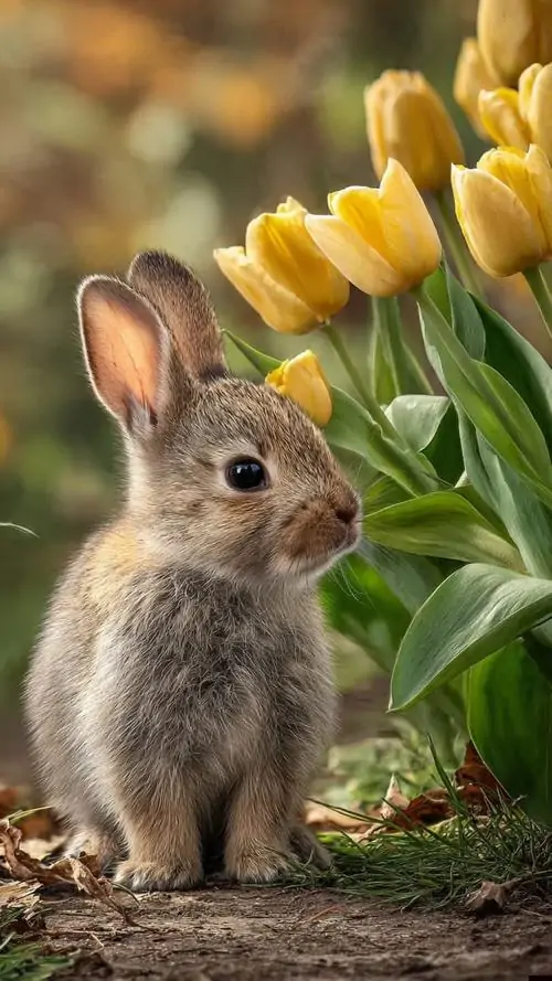 Ảnh bìa thỏ con lông nâu ngồi cạnh cụm tulip vàng vừa nở, tai dựng cao và mắt tròn long lanh, khung dọc gọn gàng hợp phông nền thỏ con sáng màu