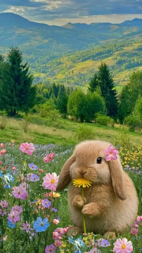Chú thỏ nâu bụ bẫm đứng giữa đồng hoa trên sườn núi xanh, hai chân ôm bông hoa vàng nhỏ, ảnh 4K lên màn hình nhìn rất tươi và đáng yêu