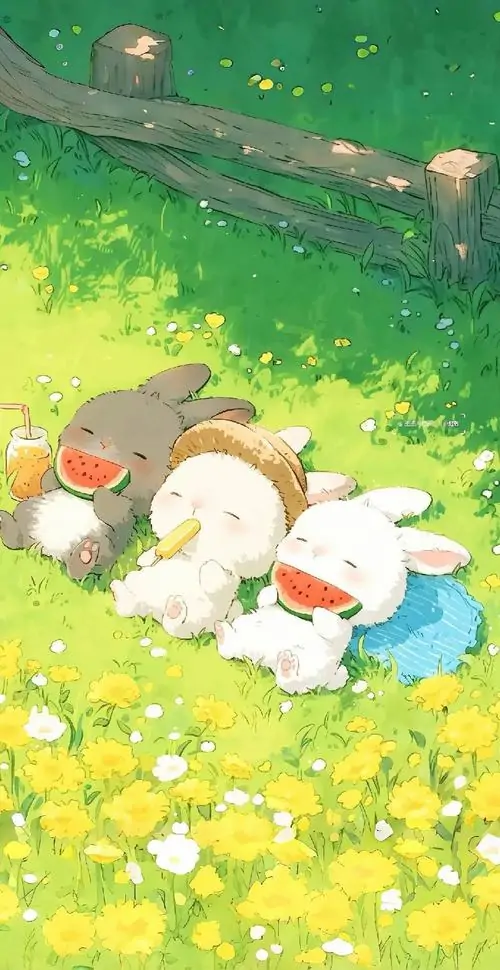 Hình nền điện thoại hai bé thỏ trắng nằm nép vào nhau trên bãi cỏ ngập nắng, khung sân vườn xanh vàng làm tổng thể mềm mắt, rất hợp kiểu hình nền thỏ dễ thương