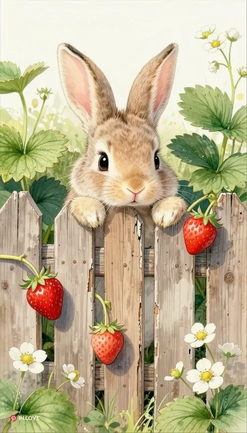 Một chú thỏ nâu nhô đầu qua hàng rào gỗ, quanh tai là lá xanh, dâu tây đỏ và hoa cúc trắng, bố cục xinh xắn khiến ảnh nền thỏ nhìn gần gũi hơn