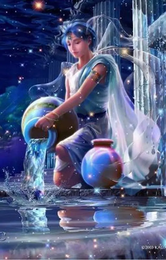 Cảnh ban mai trên mái nhà thành phố đưa biểu tượng Aquarius lên nền mây mỏng, đường nét đơn giản nhưng phần ánh bạc quét ngang làm tổng thể sáng và có tinh thần tiên phong