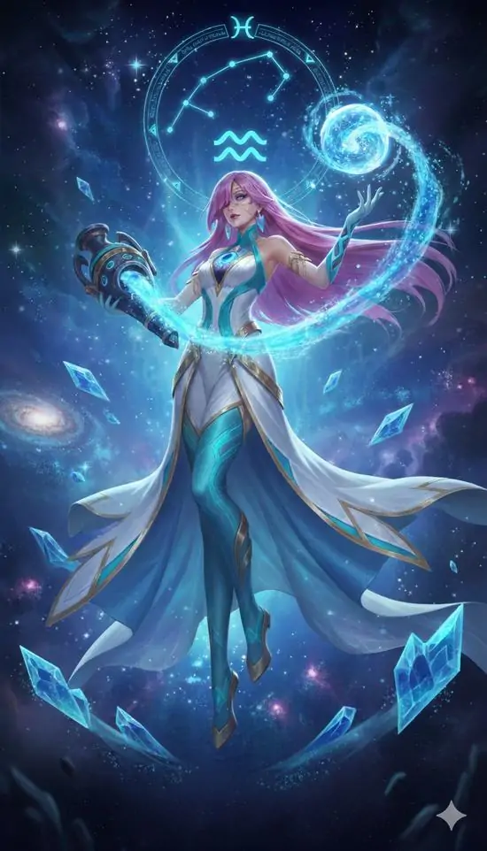 Một khung tranh màu nước vẽ dải cực quang phủ qua mặt hồ tĩnh, phía trước chỉ giữ lại ký hiệu sóng nước nhỏ gọn nên cảm giác về nguyên tố khí đến rất nhẹ mà rõ