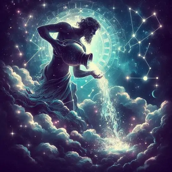 Bức tranh kỹ thuật số dựng cảnh sân ga vũ trụ với dải sáng lam chạy dọc sàn, ở giữa là biểu tượng Thủy Bình như biển chỉ hướng cho những tâm hồn thích đi xa