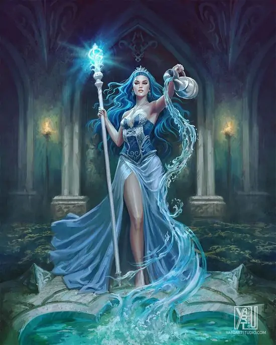 Một minh họa theo chất liệu phấn tiên vẽ bình nước treo lơ lửng giữa vòm cây đêm, lá và sao đan nhau khiến ảnh Bảo Bình thiên về cảm giác nhân đạo và gần thiên nhiên