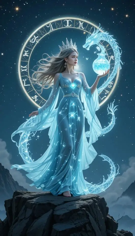 Mô típ khắc kim loại cho thấy bàn tay nâng chiếc bình đồng dưới quầng sáng của sao Thiên Vương, bề mặt xước mịn khiến ảnh Aquarius trông lạnh và rất khác chuẩn quen mắt