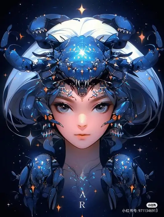 Một tấm kính màu ghép thành hình cua treo trước cửa sổ nhà thờ, nắng xuyên qua làm các mảng lam bạc của cung con cua trở nên trong và rõ