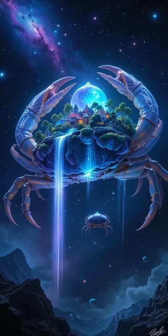 Quán cà phê tối treo biển neon chữ Cancer cạnh mô hình mặt trăng, bàn gỗ dưới đèn vàng khiến chủ đề cung thứ tư chuyển sang không khí thành thị hiện đại