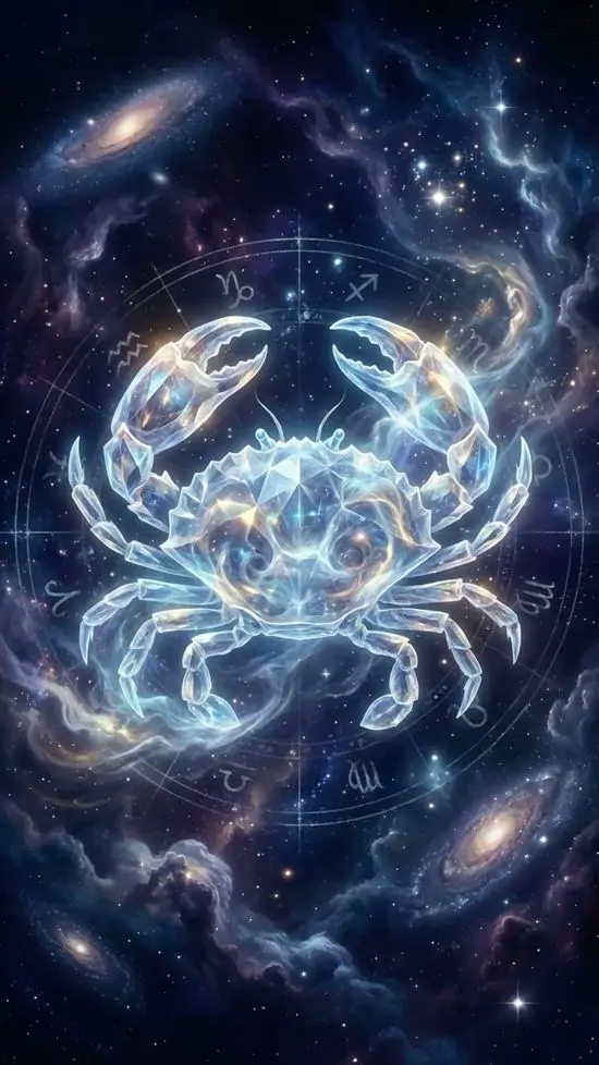 Tấm poster mở ra mặt bàn gỗ cũ với bản đồ sao, thước đồng và viên ngọc trai nằm cạnh ký hiệu Cự Giải, hợp người mê tử vi phương Tây và thích chất liệu vintage