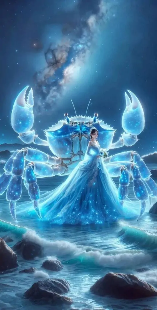 Trên bến gỗ tối, chiếc khăn lụa in họa tiết cua và trăng được gió lật nhẹ, mặt nước phía sau khiến ảnh cung Cự Giải có chất mùa hè rất riêng