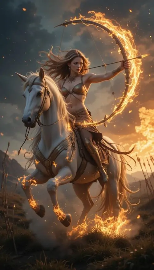 Bản in khắc gỗ đen trắng mô tả con ngựa đang quay đầu còn phần tay giữ cung hạ thấp, lối tạo hình này khiến chủ đề chòm sao Nhân Mã mang sắc thái rất khác