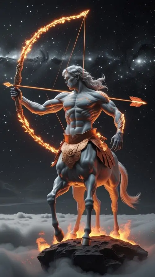 Mẫu thiệp mời tiệc cuối năm đặt ký hiệu tay cung ở góc phải phía trên, giấy dày màu kem và chữ nâu sẫm làm tổng thể lịch sự mà vẫn có chất riêng