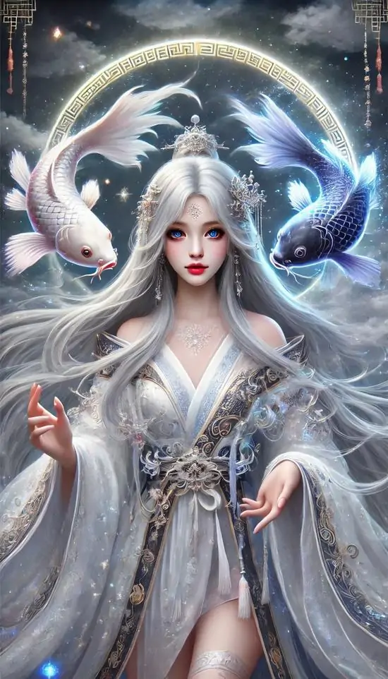 Cô gái tóc trắng mặc áo choàng dài đứng thẳng dưới vầng trăng, quanh đầu có cặp cá và quầng sáng bạc khiến hình nền cung Song Ngư này mang chất thần thoại rõ hơn