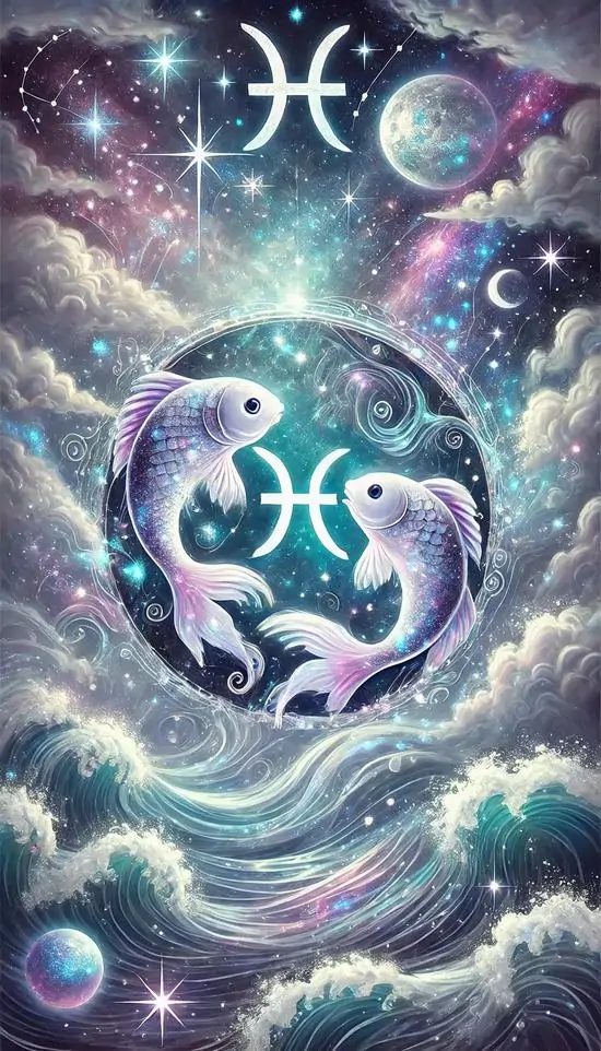 Ảnh wallpaper lấy biểu tượng Song Ngư làm tâm điểm trong quả cầu tím sáng, sóng nước cuộn quanh mép ảnh và lớp sao mịn phía sau giúp tổng thể nổi bật theo kiểu 3D