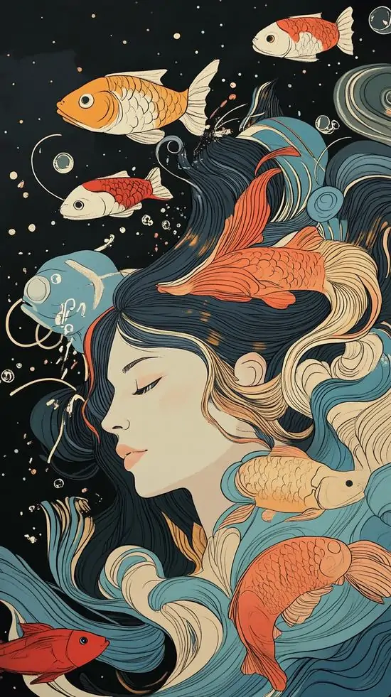 Cô gái nghiêng đầu nhắm mắt, tóc đen xanh điểm vài chú cá cam bơi quanh như kẹp tóc sống động, chất minh họa Á Đông làm profile nhà Cá trông rất duyên