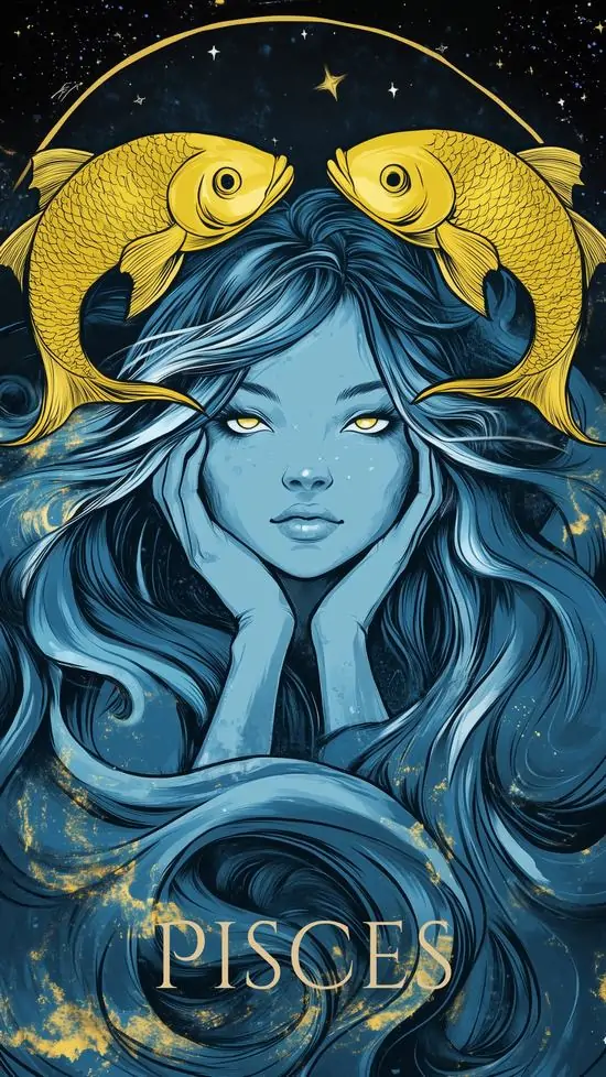 Ảnh nền đt Iphone vẽ chân dung cô gái tóc xanh dài với hai con cá vàng ôm trên đỉnh đầu, ánh nhìn thẳng và nền tối khiến bố cục dọc này lên màu Ultra HD rất rõ