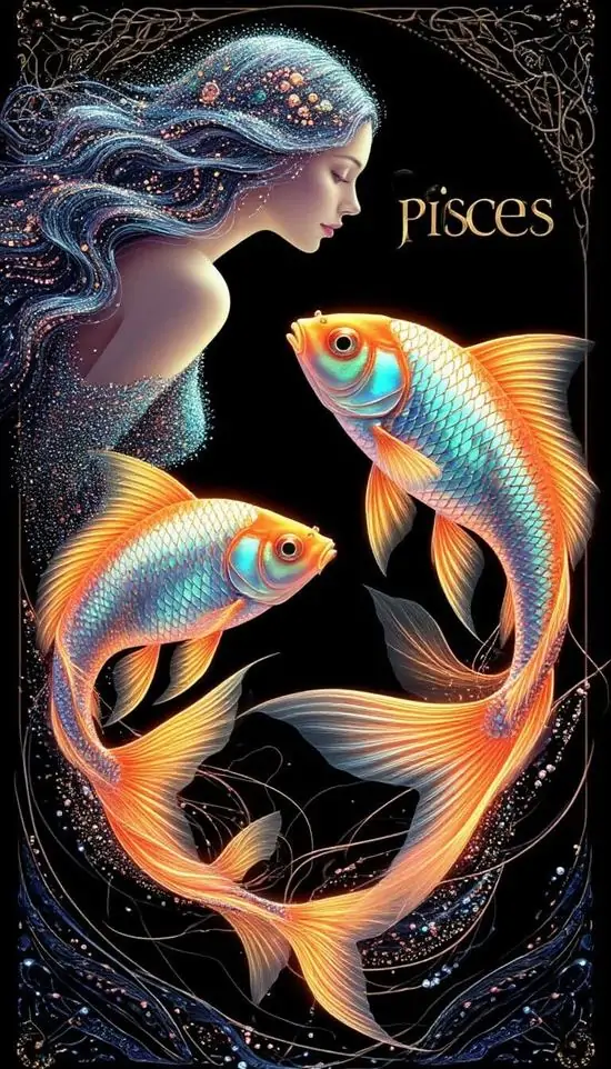 Người thiếu nữ quay nghiêng trong nền đen, hai con cá cam bơi trước mặt như đang đối thoại cùng cô nên hình nền cung hoàng đạo thứ mười hai này có cảm giác rất riêng