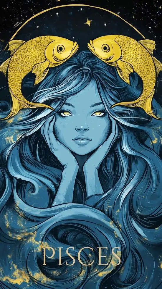 Màn hình Song Ngư tiếp tục dùng gương mặt xanh lam và cặp cá vàng đối xứng phía trên, nét tóc uốn dày và chữ Pisces dưới chân ảnh làm tổng thể vừa cổ tích vừa sắc nét