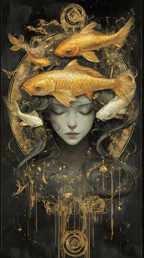 Gương mặt nữ thần khép mắt nằm giữa nền đen nâu, bốn con cá vàng xoay quanh mái tóc như vương miện khiến ảnh nền nhà Cá này trầm hơn và thiên về chất tranh nghệ thuật