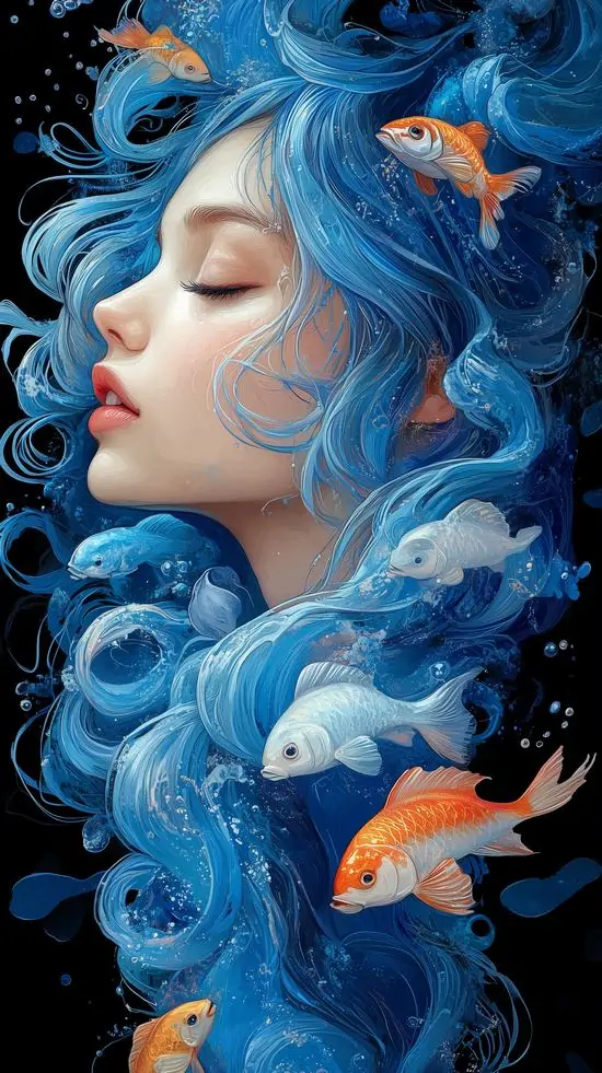 Nền điện thoại Pisces khắc họa cô gái tóc xanh bồng như nước, mắt nhắm nhẹ và vài con cá cam lướt qua má nên cả khung hình mang đúng nhịp nguyên tố nước dịu êm