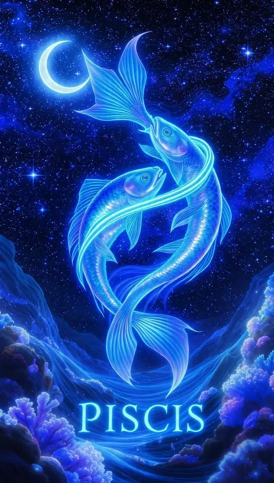 Hai dải sáng xanh neon quấn lấy nhau thành hình cá giữa nền sao tím, chữ Piscis đặt dưới cùng khiến ảnh nền này hợp kiểu màn hình khóa 4K cho người thích tông lạnh
