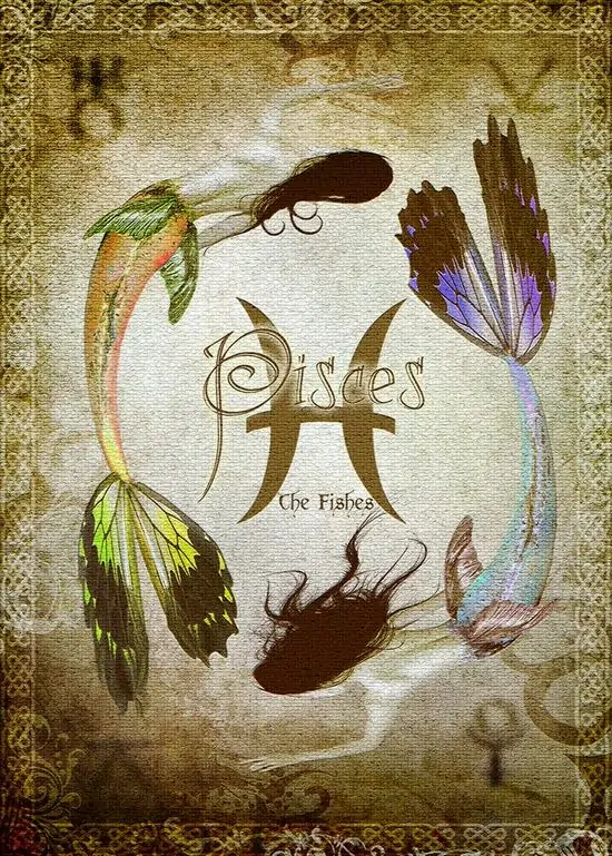 Hình nền tông giấy cũ vẽ vòng tròn hai con cá bơi quanh ký hiệu Pisces, nét màu nước loang nhẹ và vài biểu tượng chiêm tinh làm ảnh nền cung con cá trông rất dịu