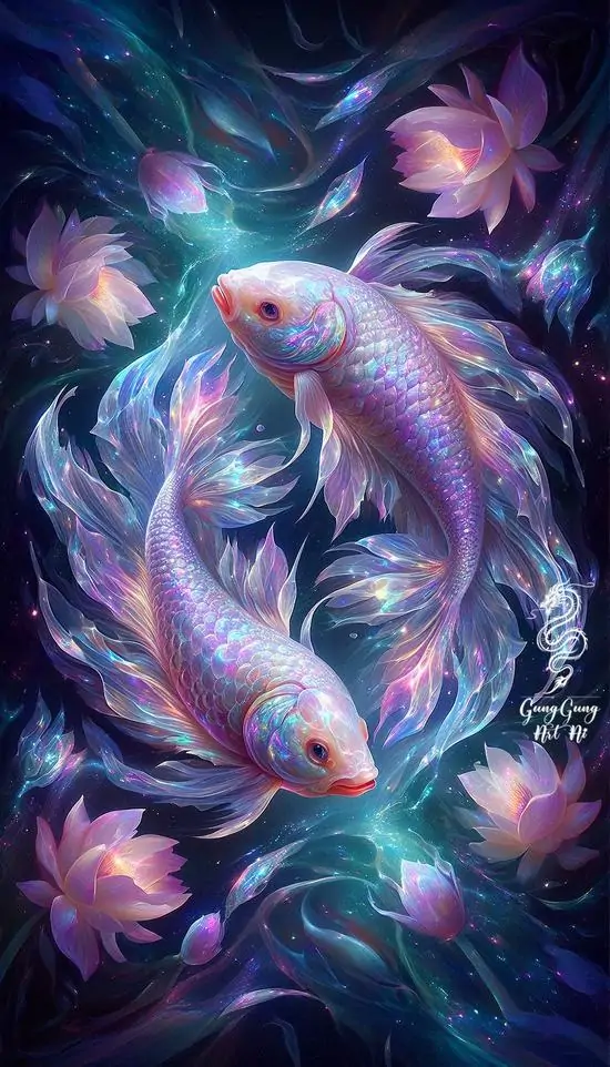 Ảnh nền nhà Cá ghép hai con cá tím hồng đang xoay giữa hoa sen phát sáng, lớp màu óng và nền nước đêm khiến khung hình mềm, đẹp và hơi thiên về fantasy
