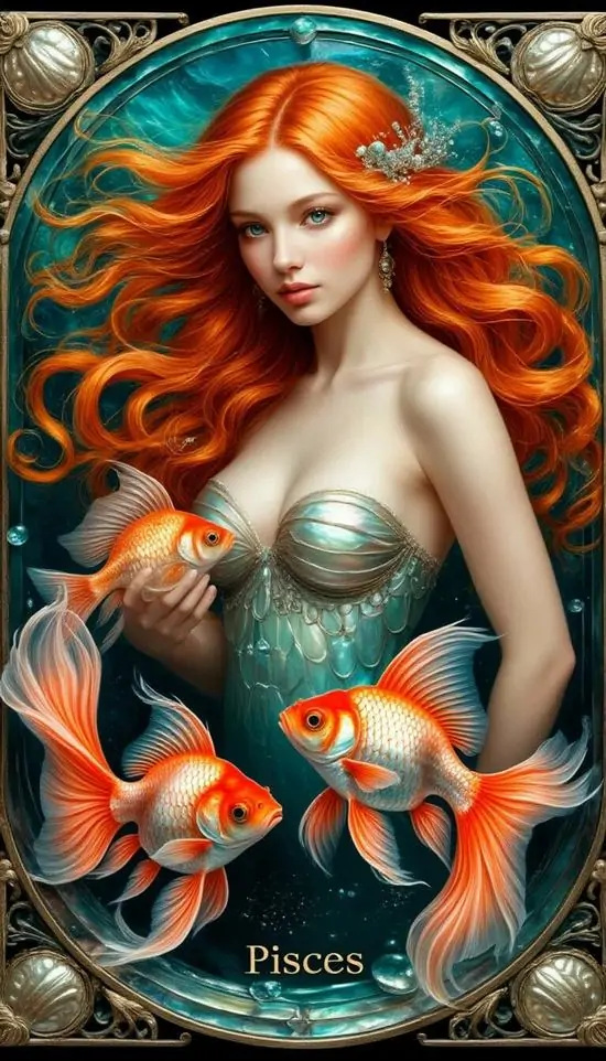 Hình nền Pisces đặt nàng tóc đỏ giữa khung tròn xanh ngọc, quanh vai và ngực có nhiều cá cam nhỏ bơi lượn nên bức tranh vừa rực vừa hợp kiểu ảnh đại diện đẹp