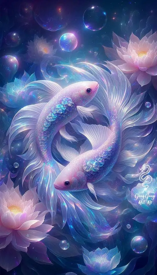 Một con cá hồng tím bơi chậm trong nền sương xanh và bọt sáng, lớp màu loang như thủy tinh khiến ảnh nền cung con cá này trông nhẹ, mát và khá êm mắt