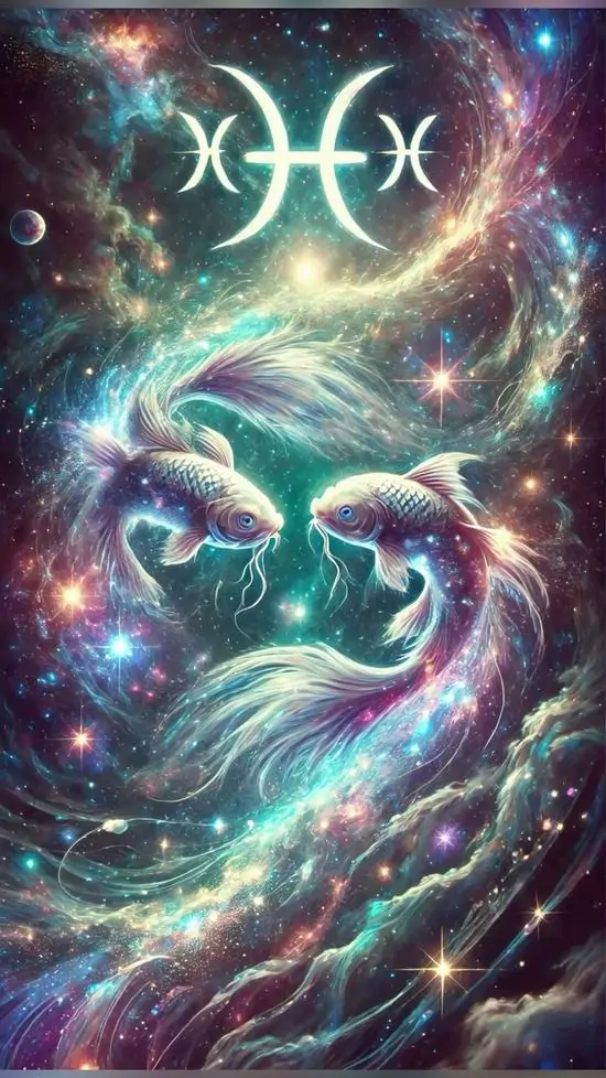 Dải ngân hà tím xanh mở rộng từ dưới lên, hai con cá sáng lao vòng vào nhau bên dưới ký hiệu Pisces nên hình nền Song Ngư này tạo cảm giác chuyển động khá mạnh