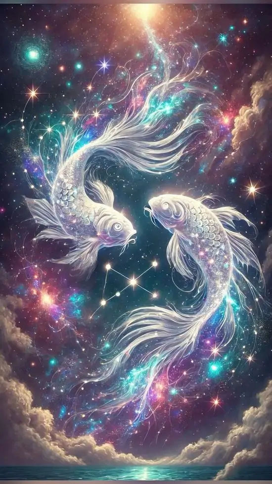 Hình nền dọc đưa cặp cá ánh bạc bơi giữa tinh vân nhiều màu, quầng sáng lớn phía trên và các hạt sao dày làm bức ảnh nền Pisces này nổi theo kiểu Ultra HD