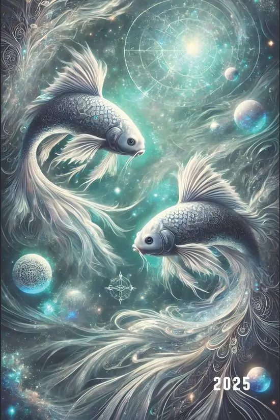 Hai chú cá trắng bạc lượn sát nhau dưới vầng sáng tròn xanh ngọc, lớp nước mờ phủ toàn khung khiến ảnh nền chiêm tinh Song Ngư mang vẻ lạnh và thư hơn nhiều