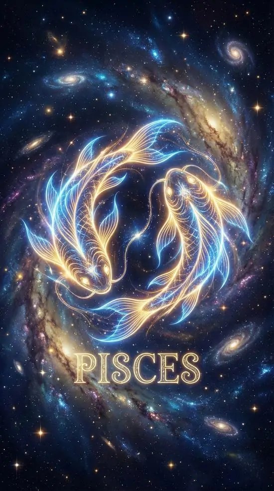 Một vòng xoáy thiên hà vàng xanh mở ở giữa nền sao đen, chữ Pisces đặt dưới chân ảnh và các vệt sáng cuộn sâu vào tâm khiến khung hình nhìn rất cuốn