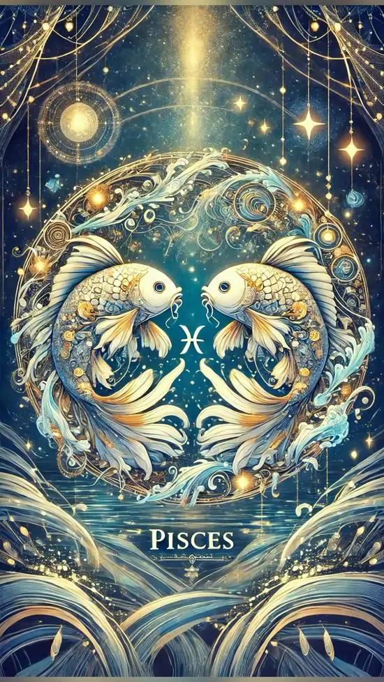 Khung dọc xanh lam phủ họa tiết vàng ôm lấy cặp cá xoay tròn như bánh xe nước, chi tiết dày mà vẫn thoáng mắt nên hợp làm hình nền chiêm tinh Song Ngư HD