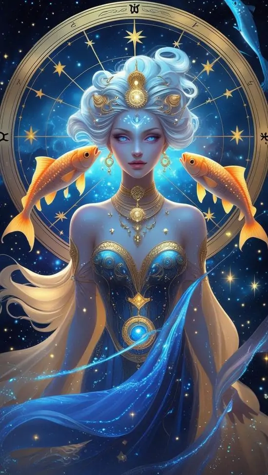 Màn hình nhà Cá khắc họa nữ thần áo xanh ngồi chính diện giữa vòng sao, hai con cá vàng lơ lửng hai bên tạo bố cục cân xứng và hợp làm ảnh wallpaper đẹp