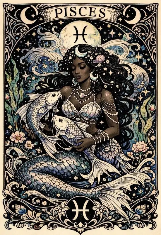 Ảnh nền phong cách tarot khắc họa cô gái tóc đen đuôi cá ngồi nghiêng giữa hoa văn dày, trang phục ôm sát và ký hiệu Song Ngư đặt rõ ở hai đầu khung