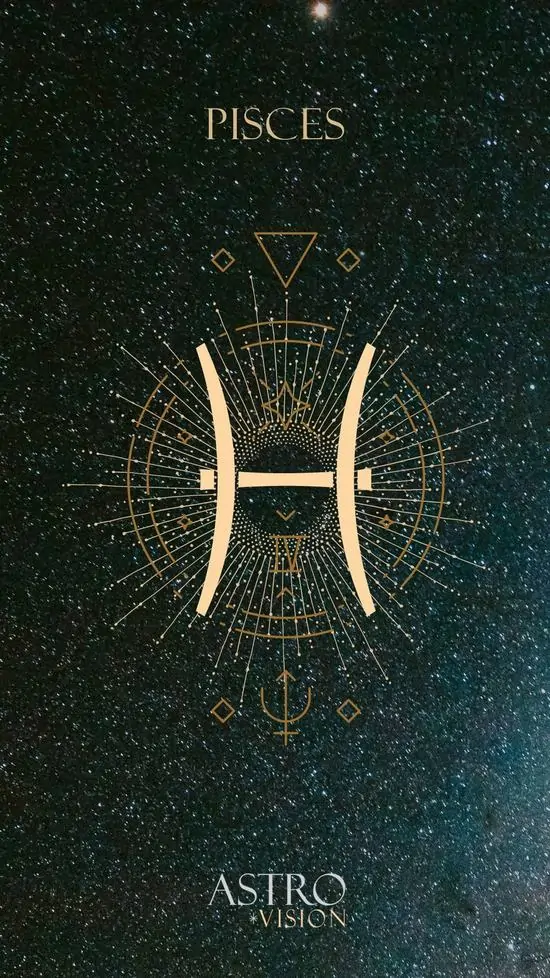 Nền xanh đen gần như tối hẳn chỉ giữ lại biểu tượng Pisces mảnh màu vàng ở giữa, hạt sáng li ti rải đều khiến tổng thể gọn và rất hợp kiểu tối giản 4K