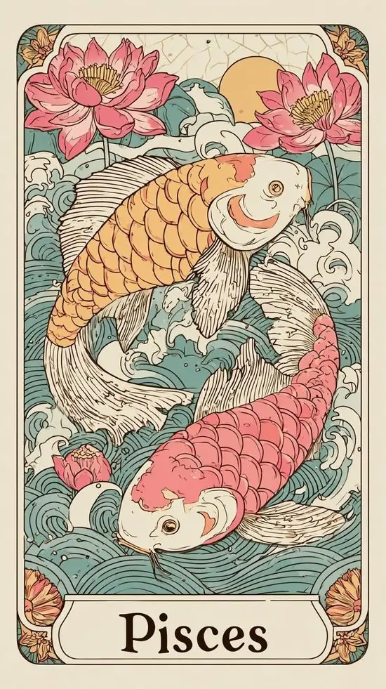 Ảnh bìa minh họa cá chép vàng và cá hồng uốn quanh hoa sen trong khung cổ điển, màu pastel sáng tay làm ảnh nền Pisces này nhìn mềm và có chút cute